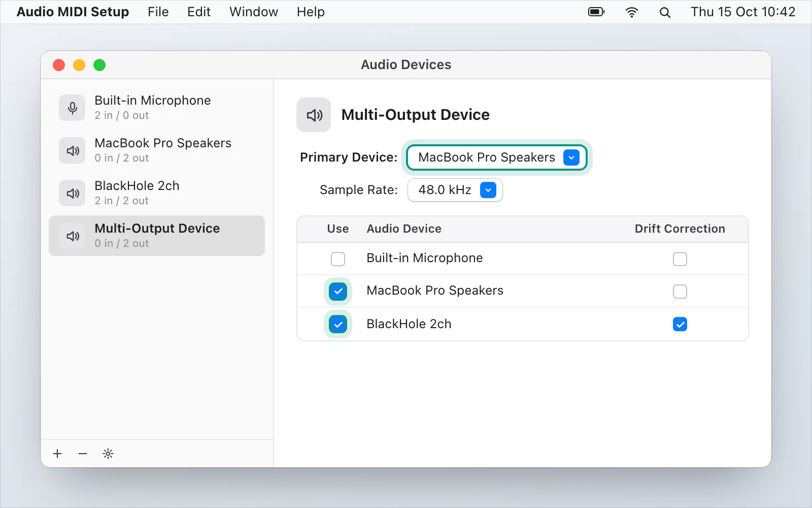 Audio MIDI Setup with a Multi-Output Device selected, the Use boxes ticked for the speakers and BlackHole, and the speakers set as the primary device