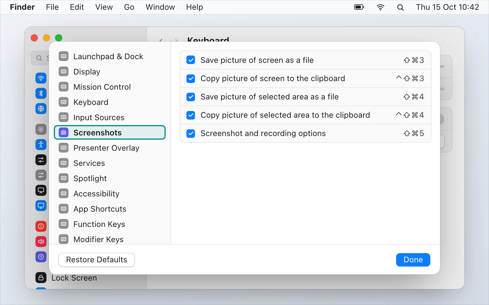 Mac System Settings showing Keyboard Shortcuts with Screenshots selected in the sidebar